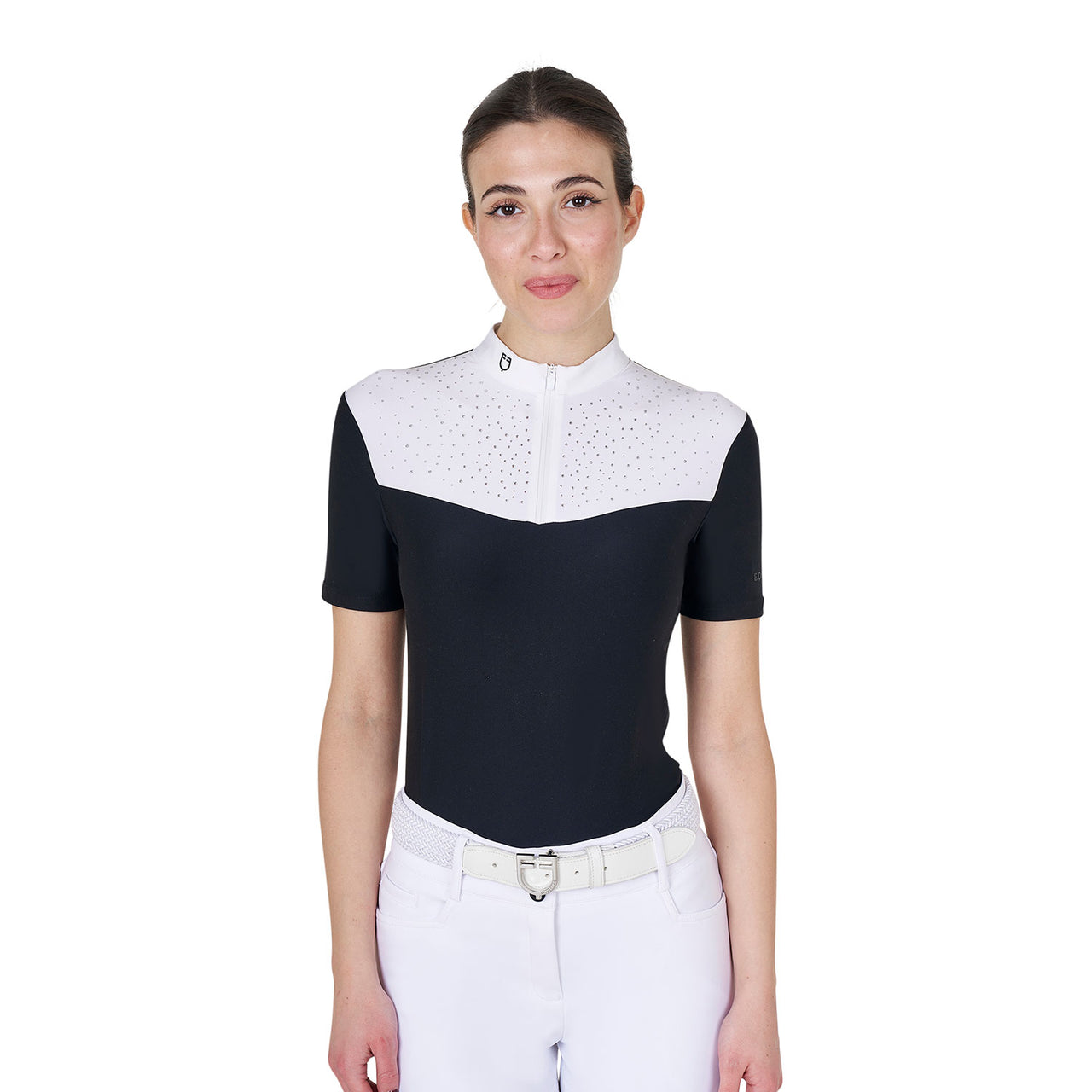 Polo donna da concorso a manica corta con strass frontali | Abbigliamento | Polo da Competizione | Equestro
